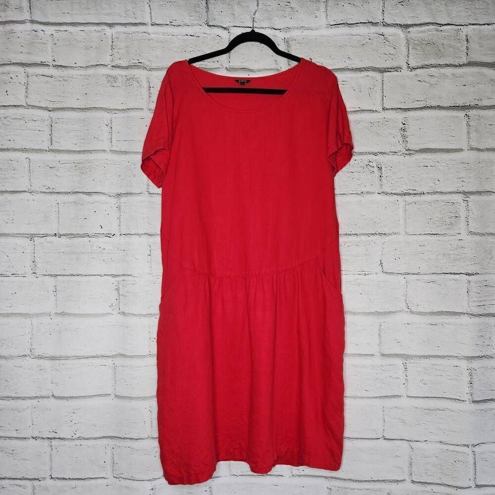 Vivid Womens Red Lagenlook Linen Short Sleeve Midi Dress Size Large